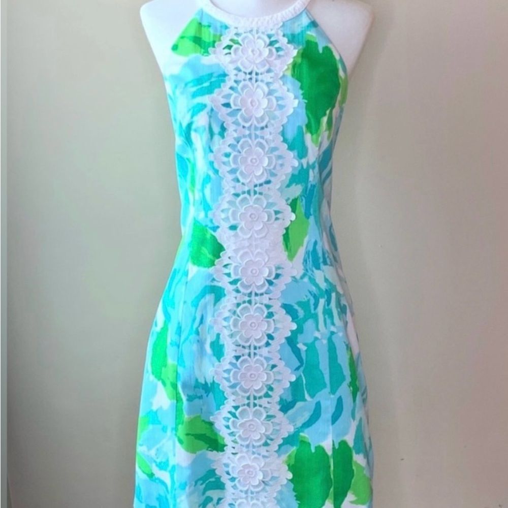 Lilly Pulitzer Blue and Green Halter Sheath Dress